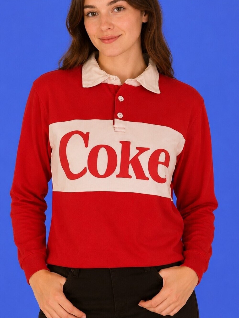 Coca-cola Retro Logo Tomato Red Long Sleeve Collared 2018 Rugby Shirt